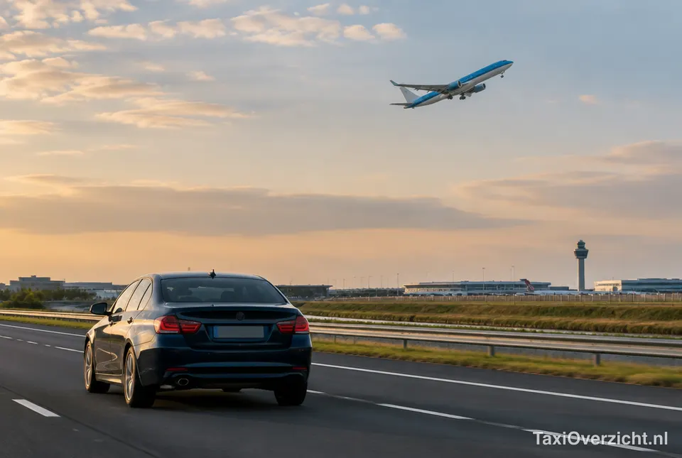 Auto rijdt over de weg naar een vliegveld met vliegtuig in de lucht