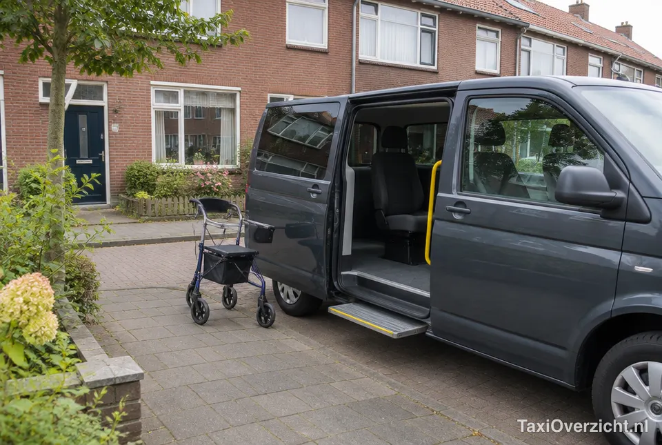 Zorgtaxi met hulp bij het instappen voor de deur van een woning